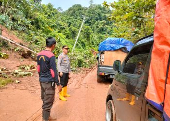 Waka Polres Morowali Utara Turun Langsung Pantau Lokasi longsor di Jalan Trans Sulawesi Desa Kolaka